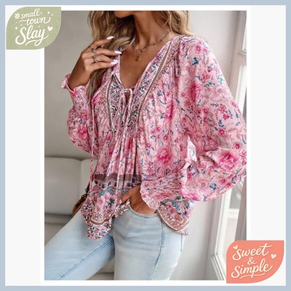 Floral Bishop Sleeve Tie Front Blouse, Viscose Material, Regular Fit - Picture 3 of 5